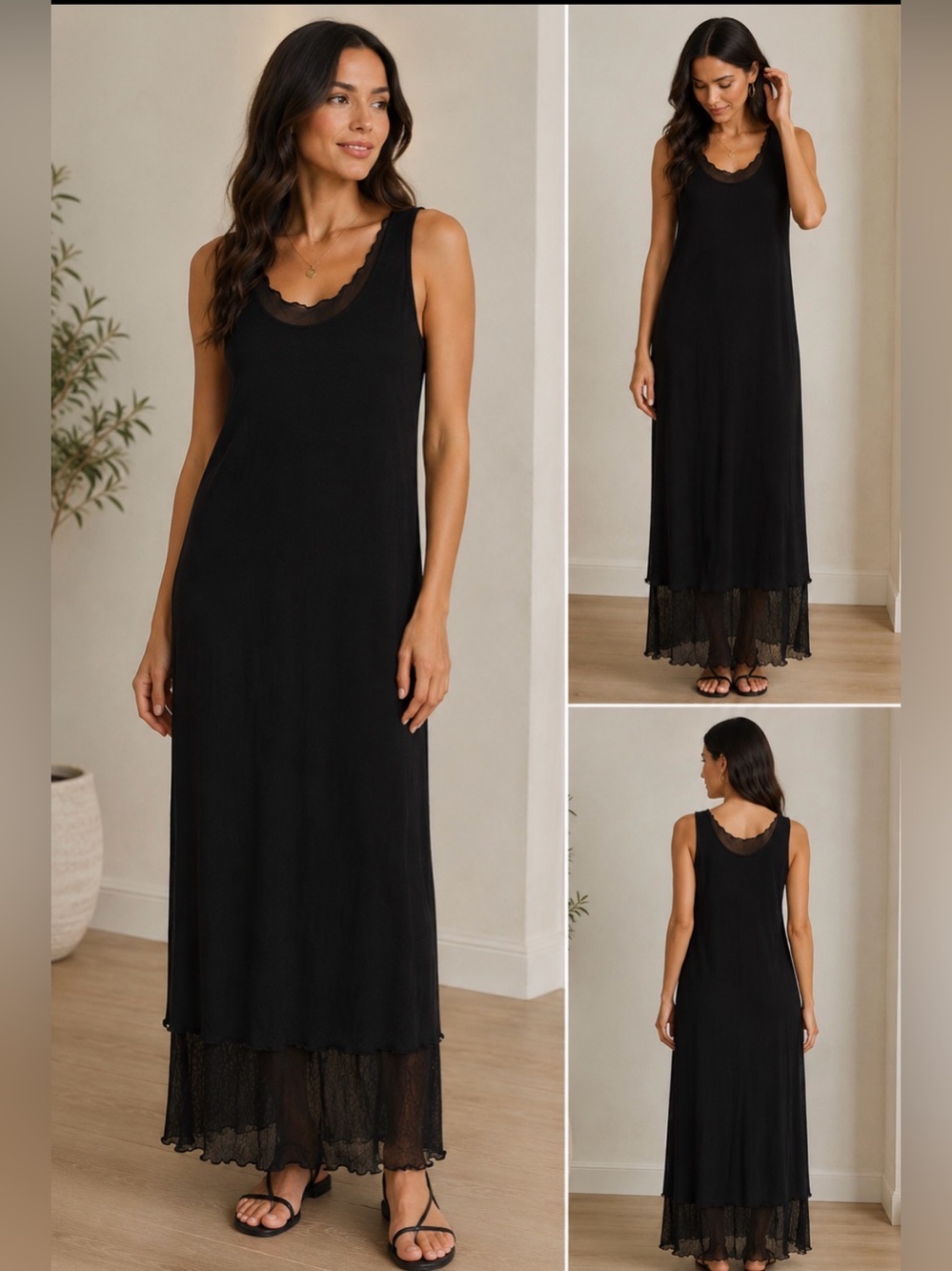 Vintage Dina Bar-El Slip maxi Dress Evening Black Over Lay  Sz L M  Y2K Casual,